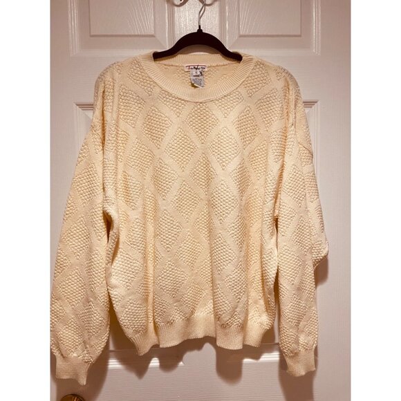 Vintage Talbots Cream Cable Knit Diamond Pattern Crew Neck Sweater Size L - Picture 2 of 3